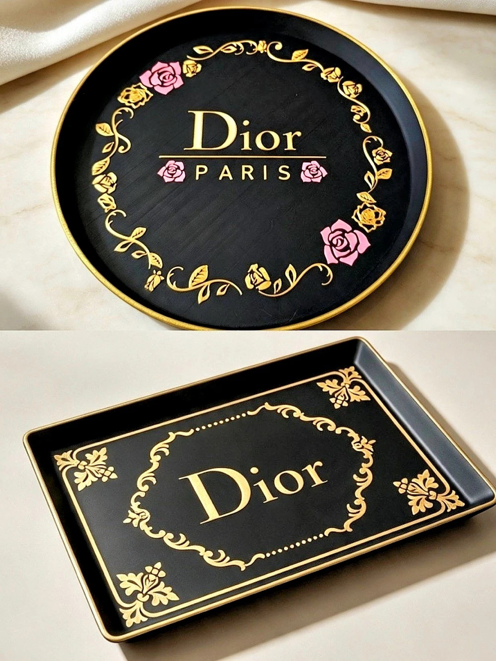 Floral Pattern Decorative Vanity Tray Set Black & Gold